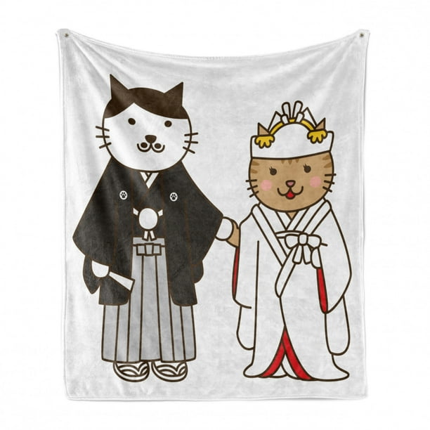 50 x 60 Cozy Plush for Indoor and Outdoor Use Ambesonne Japanese Cat Soft Flannel Fleece Throw Blanket Happy Newlywed Cats Bride and Groom Kitten Couple Dark Grey White 